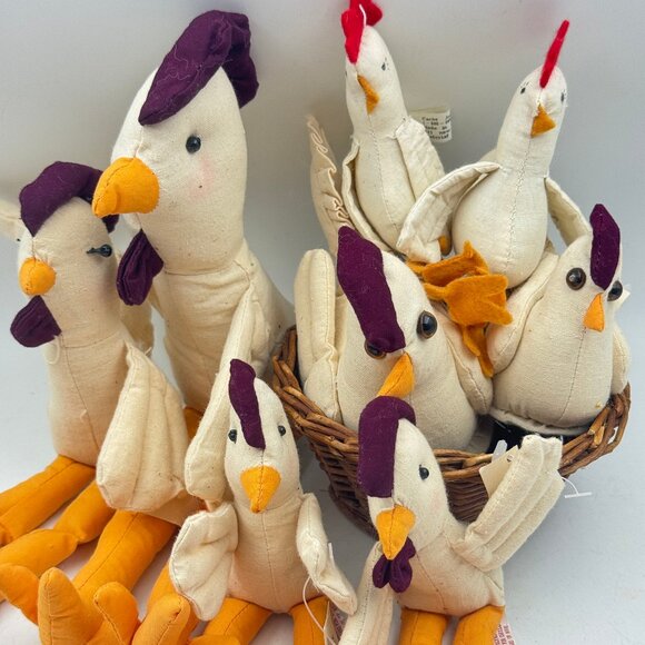 Farmhouse Muslin Chicken Set Shelf Sitters Stuffed Hen Decor in Basket BUNDLE - Picture 11 of 12